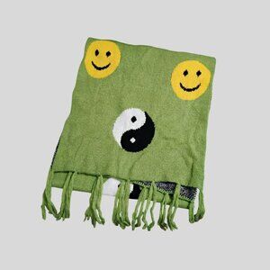 Urban Outfitters Yin Yang Smiley Face Green & Black Scarf Y2K Peace Emojis 53x15